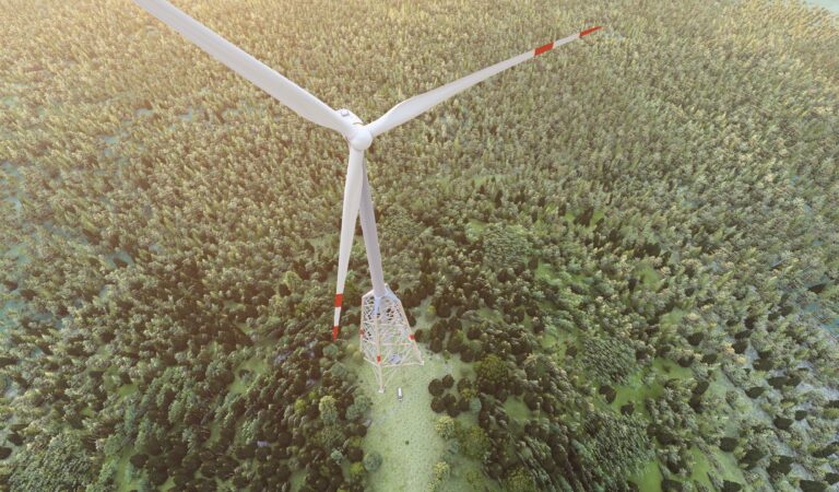 Windkraftanlage mit einem eleganten Holz-Hybrid-Turm, der Nachhaltigkeit und Ingenieurskunst vereint. © vom-creations.com