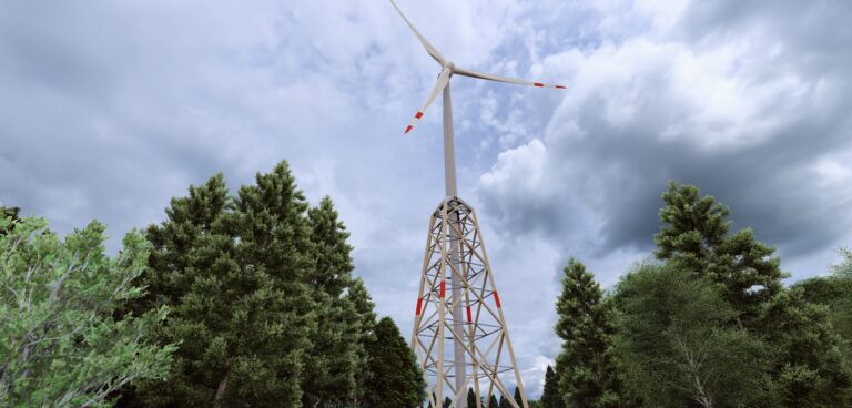 Modern wind turbine with a wood-hybrid tower standing out against the blue sky. © vom-creations.com