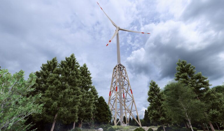 Modern wind turbine with a wood-hybrid tower standing out against the blue sky. © vom-creations.com