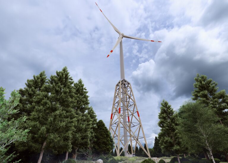 Modern wind turbine with a wood-hybrid tower standing out against the blue sky. © vom-creations.com