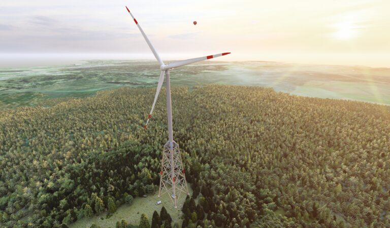 Aerial view of a wood-hybrid tower of a wind turbine, blending harmoniously into the surrounding landscape. © vom-creations.com