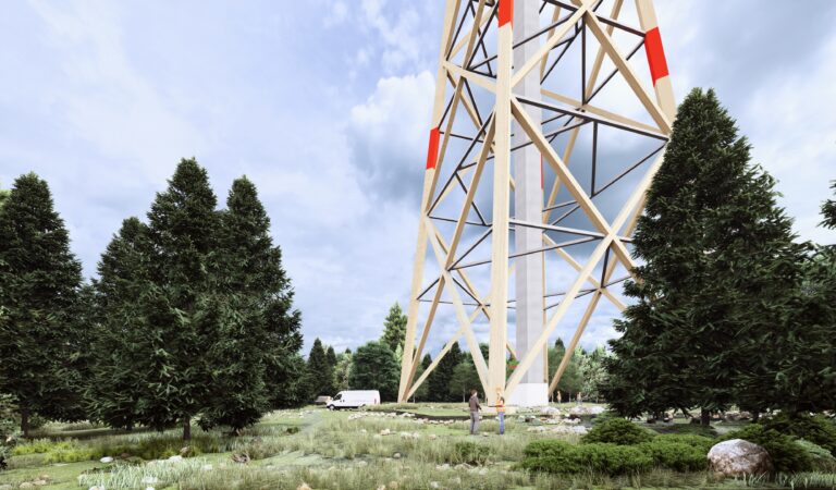 Close-up of a wood-hybrid tower of a wind turbine, showing visible wood and steel components. © vom-creations.com